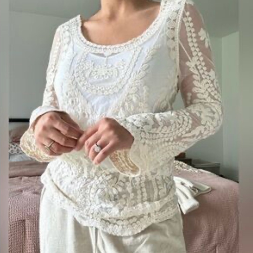 Rewind Cream Knit Blouse with Lace Details - Picture 1 of 6
